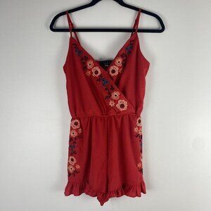 Trixxi Women's Embroidered Romper Size S Red Floral Wrap Style Ruffle Feminine